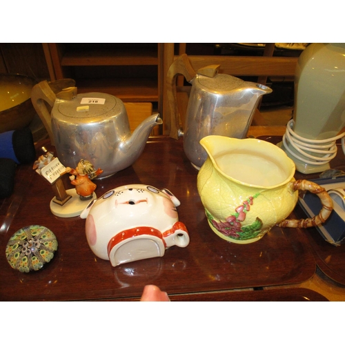 218 - Carlton Ware Jug, Hummel Figure, Cat String Holder, Paperweight, Picqout Teapot and Jug