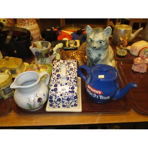 221 - Pottery Cat, Cheese Dish, Honeycomb Box etc