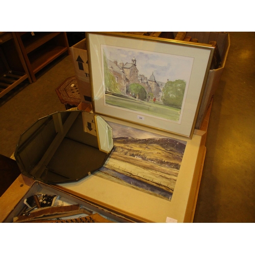 225 - D. Adamson Watercolour, Highland Scene, Wall Mirror and a Pair of Signed Prints