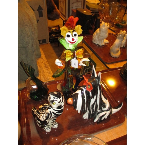 74 - Italian Glass Clown and Fish, Italian Pottery Cat and Porcelain Dog