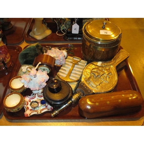 79 - Pair of Szolnay Pecs Style Salts, Oak Biscuit Barrel, Bellows etc