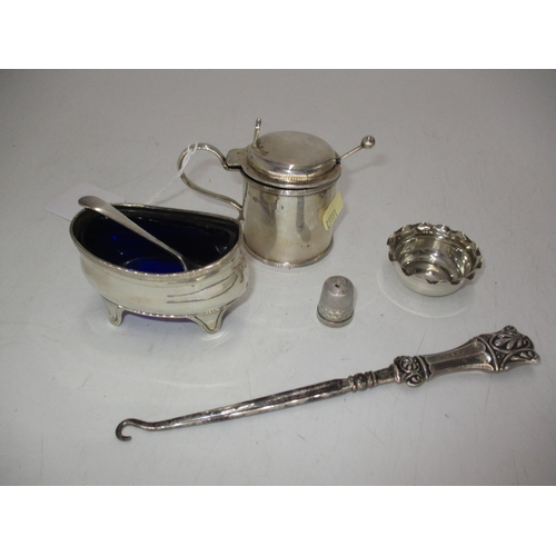 276 - Silver Comprising 2 Salts, Mustard Pot, Thimble and Button Hook