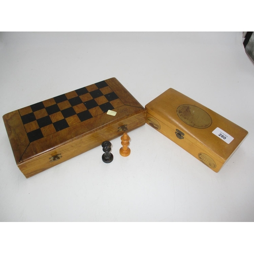 280 - Wooden Chess Box with a Set of Chess Pieces, along with a Mauchline Dunbar Box