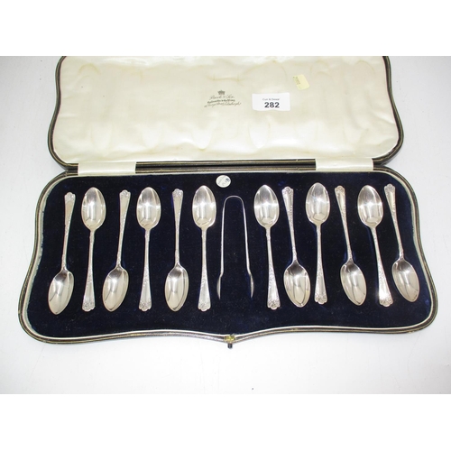 282 - Cased Set of 12 Silver Tea Spoons and Tongs, London 1909