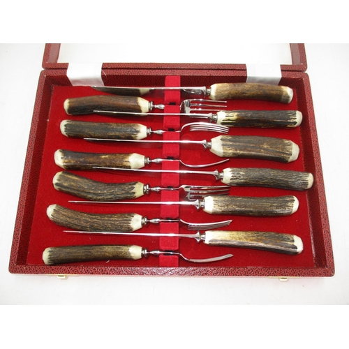 325 - Cased Set of 6 Horn Handle Steak Knives and Forks