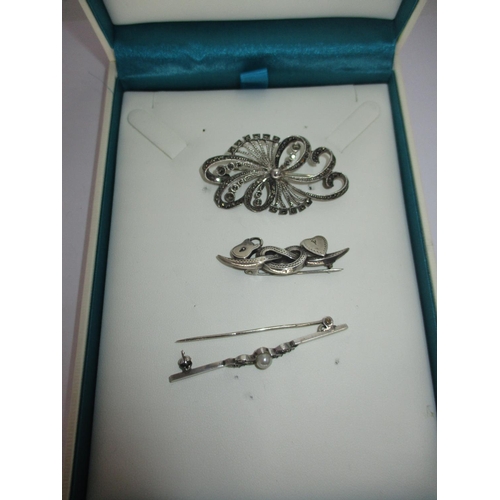 329 - Silver Love Knot Brooch and 2 Marcasite Brooches