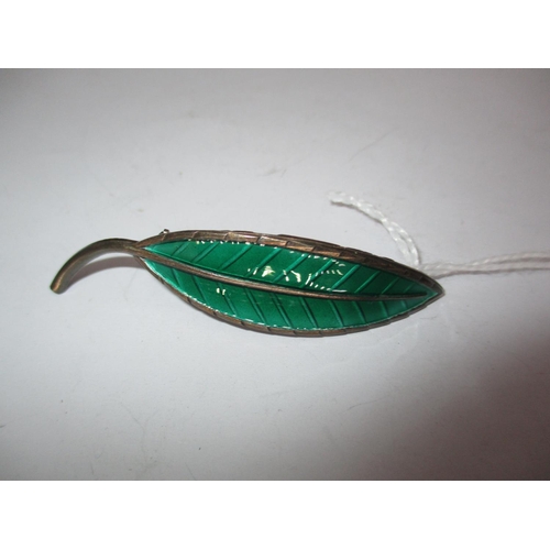 341 - Norwegian Sterling Silver and Green Enamel Leaf Brooch