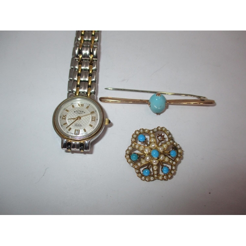 343 - Turquoise and Seed Pearl Star Brooch (one turquoise missing), along with a Turquoise Bar Brooch (cla... 