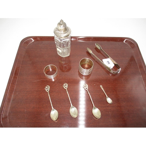 369 - Silver including 2 Napkin Rings, Sugar Tongs, 3 Eastern Spoons, Salt Spoon and a Silver Top Glass Ja... 