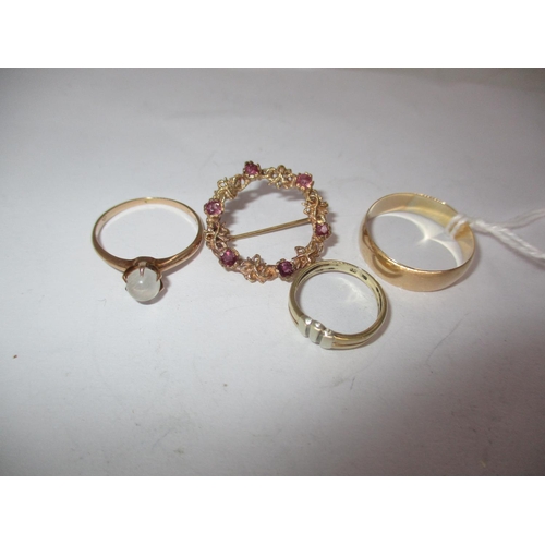 386 - 10k Gold Moonstone Ring, 9ct Gold Brooch and 2 Yellow Metal Rings, 8g total