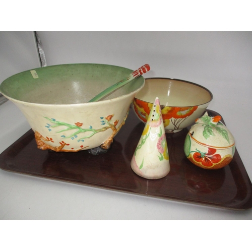 438 - Clarice Cliff Conical Sugar Caster, Preserve Pot, Bowl and Server, along with a Honeyglaze Bowl