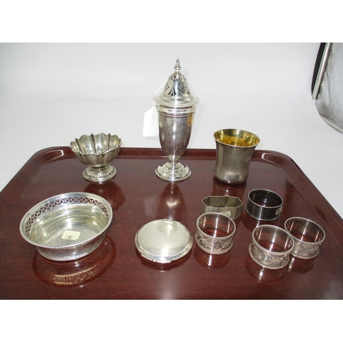 443 - Selection of Silver including a Sugar Caster, 2 Dishes, Beaker, Compact and 5 Napkin Rings