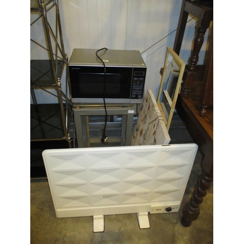 484 - Sharp Microwave, Small Table, Radiator, Various Pictures and Mirror