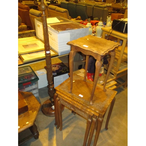 532 - Eastern Carved Teak Standard Lamp and Nest of 3 Tables, along with a Small Walnut Table