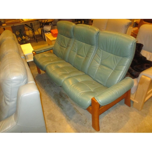 541 - Ekornes Green Leather and Wood 3 Seat Settee