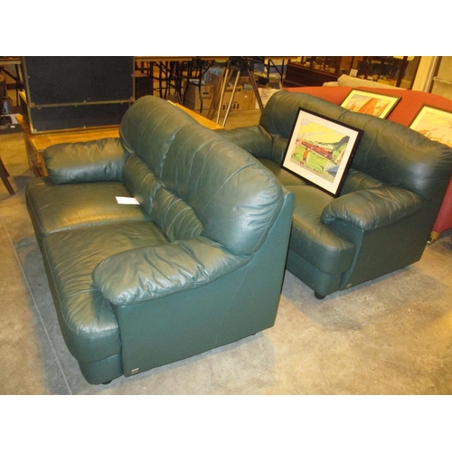 545 - Pair of Green Leather 2 Seat Settees