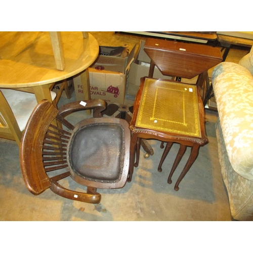 561 - Nest of 3 Tables, Drop Leaf Table and Faulty Desk Arm Chair