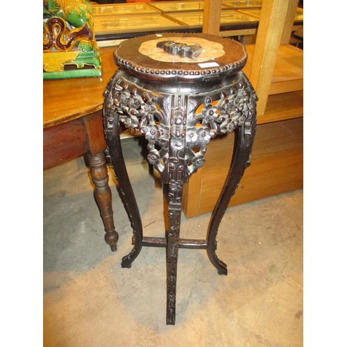 565 - Chinese Carved Hardwood and Marble Top Plant Stand