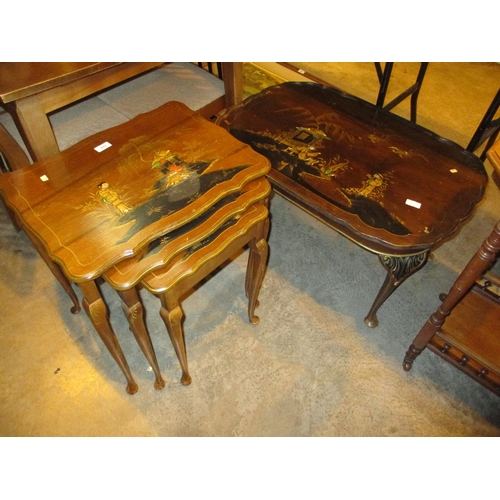 577 - Walnut and Chinoiserie Lacquered Nest of Tables and Coffee Table