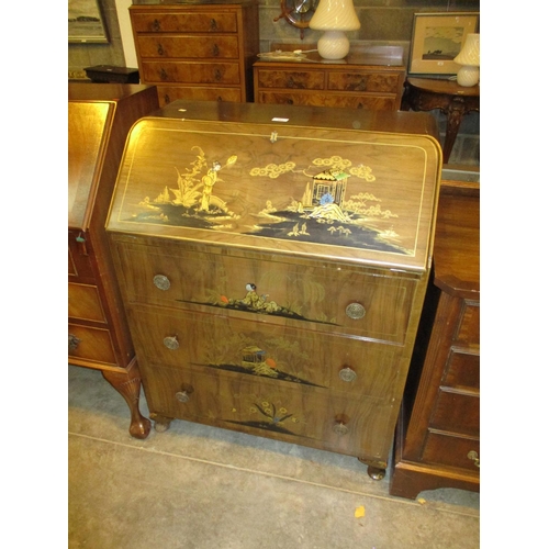 581 - Walnut and Chinoiserie Lacquered Bureau, 75cm