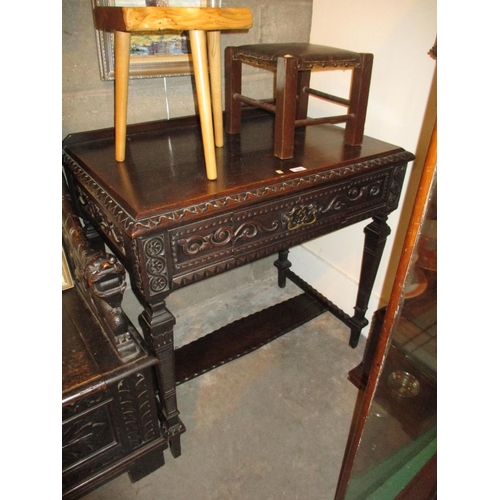 622 - Gothic Carved Oak Single Drawer Hall Table, 86cm