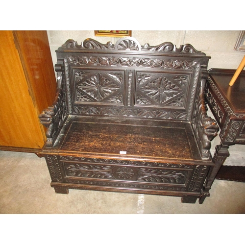 Gothic Carved Oak Box Seat Hall Settle, 107cm