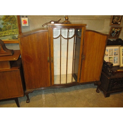 624 - 1930's Walnut Shaped Top Display Cabinet, 134cm