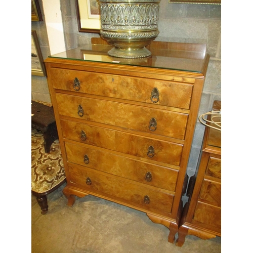 633 - 1920's Figured Walnut Chest of 5 Drawers, 84cm