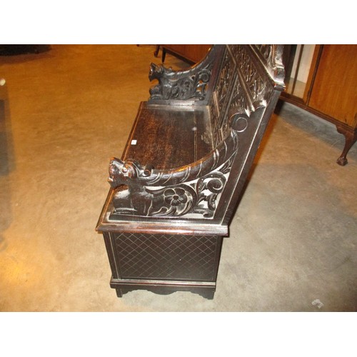 623 - Gothic Carved Oak Box Seat Hall Settle, 107cm