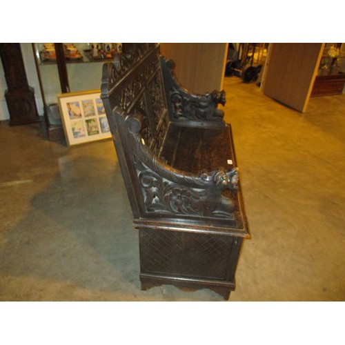 623 - Gothic Carved Oak Box Seat Hall Settle, 107cm