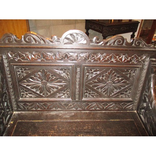 623 - Gothic Carved Oak Box Seat Hall Settle, 107cm