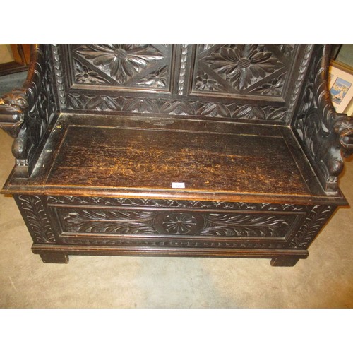 623 - Gothic Carved Oak Box Seat Hall Settle, 107cm