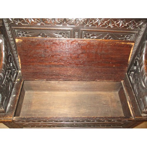 623 - Gothic Carved Oak Box Seat Hall Settle, 107cm