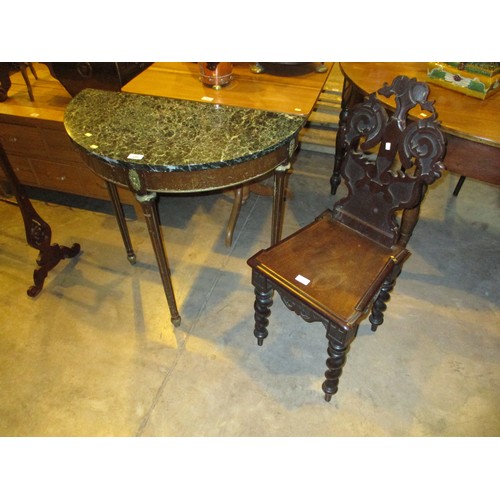 566 - Victorian Carved Mahogany Hall Chair and a Marble Top Hall Table