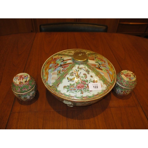 122 - Canton Porcelain Bowl with Cover, 25cm diameter, and 2 Small Canton Pots