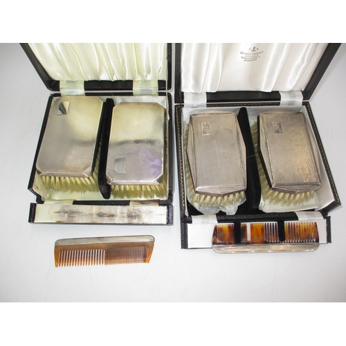 163 - Two Cased Sets of Gentlemans Silver Back Brush and Comb Sets, Birmingham 1940 and 1957