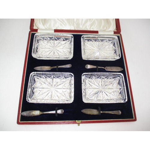 164 - Cased Set of 4 Crystal Butter Dishes with 3 Silver and 1 Plated Knives, Sheffield 1926