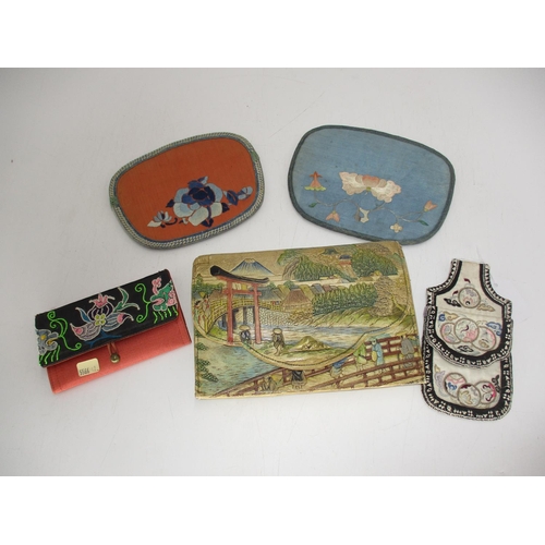 174 - Japanese Mount Fuji Scene Leather Evening Bag and 3 Needlework Purses