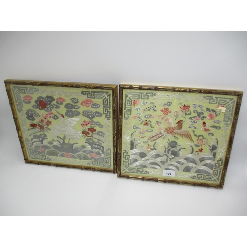 179 - Pair of Chinese Silk Needlework Pictures of Birds and Flowers, 26.5x30cm