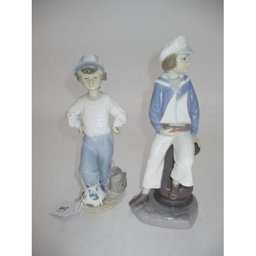 219 - Lladro Rotary International Figure of a Boy Footballer and Another of a Boy with a Pond Yacht, 4810