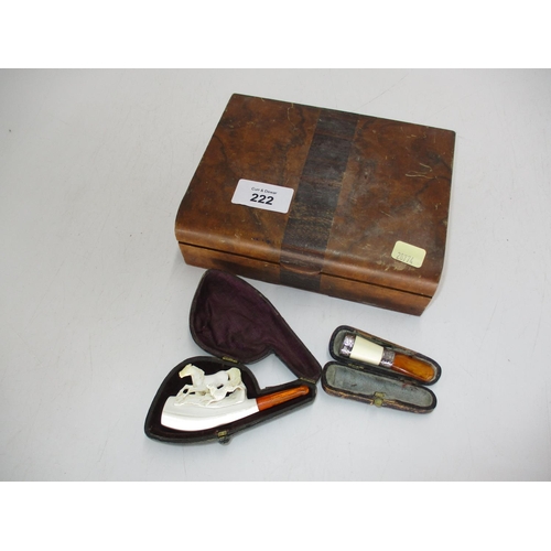 222 - Cigar Box with Meerschaum Pipe and a Silver Mounted Cigar Holder