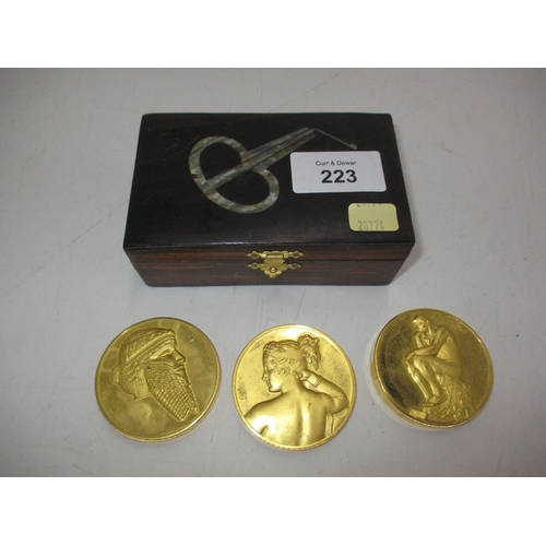 223 - Small Box with 3 Gold Plated Bronze Tokens, The Thinker, Auguste Rodin, Pauline Borghese As Venus An... 