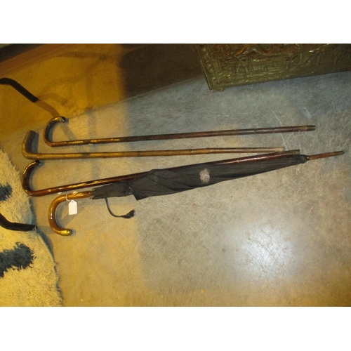 62 - Silver Mounted Walking Stick, 2 Others and an Umbrella