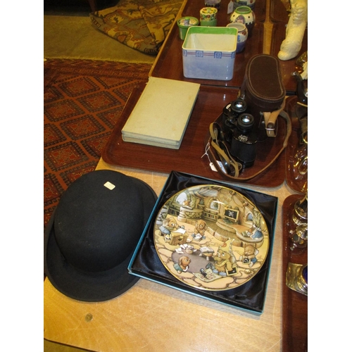 66 - Bowler Hat, Ross 9x35 Binoculars, 2 Books and a Pendelfin Plate