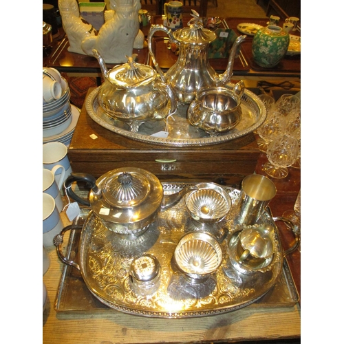 75 - Victorian Silver Plated 3 Piece Tea Service, 2 Trays, Canteen of Cutlery etc