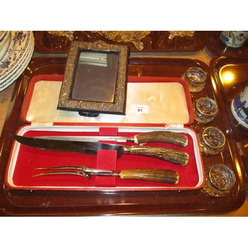 81 - Silver Photograph Frame, Horn Handle Carving Set and 4 Silver Mounted Salts