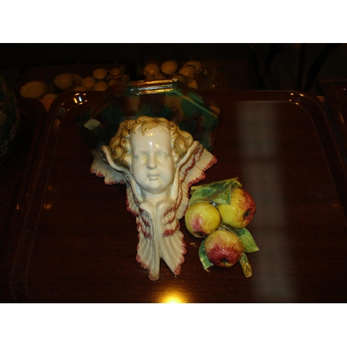 90 - Victorian Majolica Pottery Cherub Head Wall Bracket and a Fruit Plaque