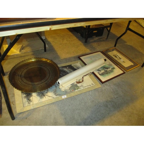 95 - Three Oriental Pictures, a Scroll and a Brass Tray