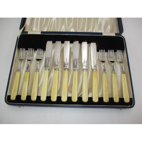 312 - Cased Set of 6 Pairs of Silver and Ivorine Fish Knives and Forks, Sheffield 1935, Maker EV