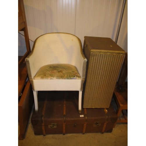 372 - Vintage Trunk, Lloyd Loom Linen Box and a Wicker Chair